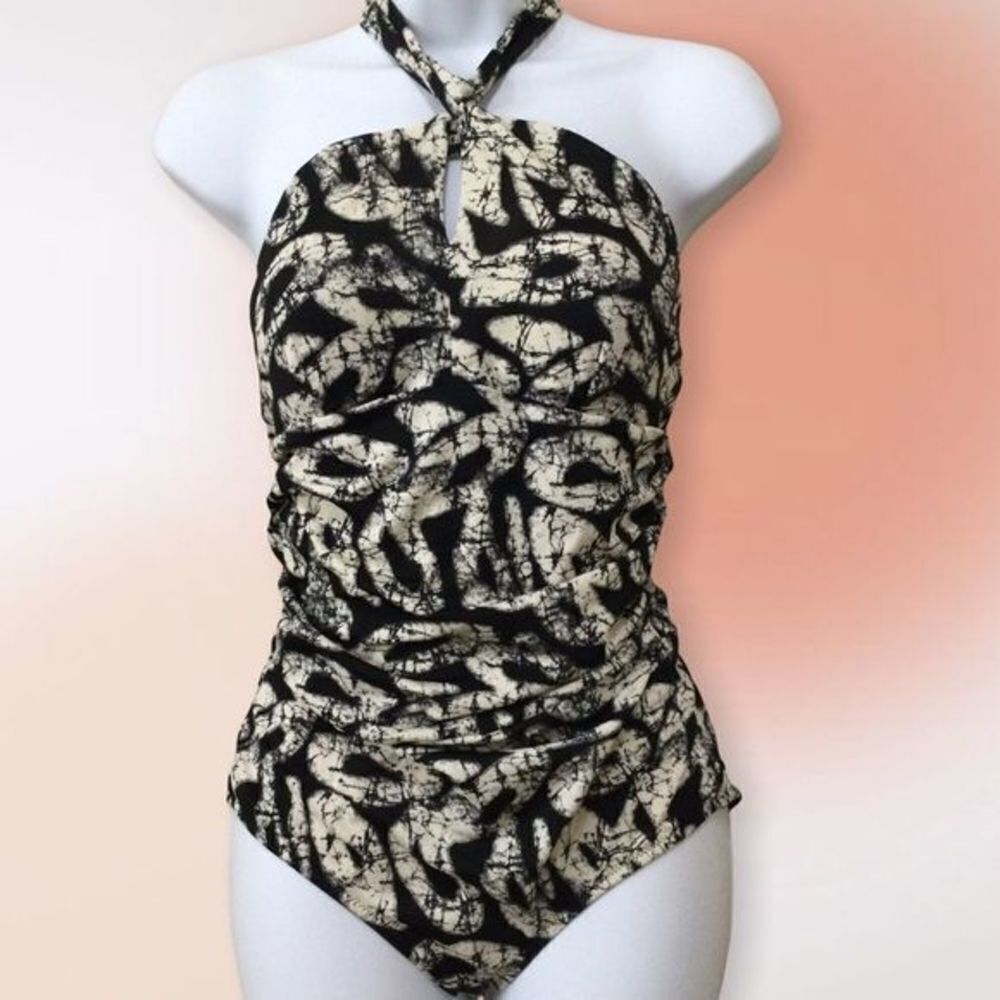 Joe Fresh One Piece Ruched Halter Swimsuit‎ Black and Tan Print S